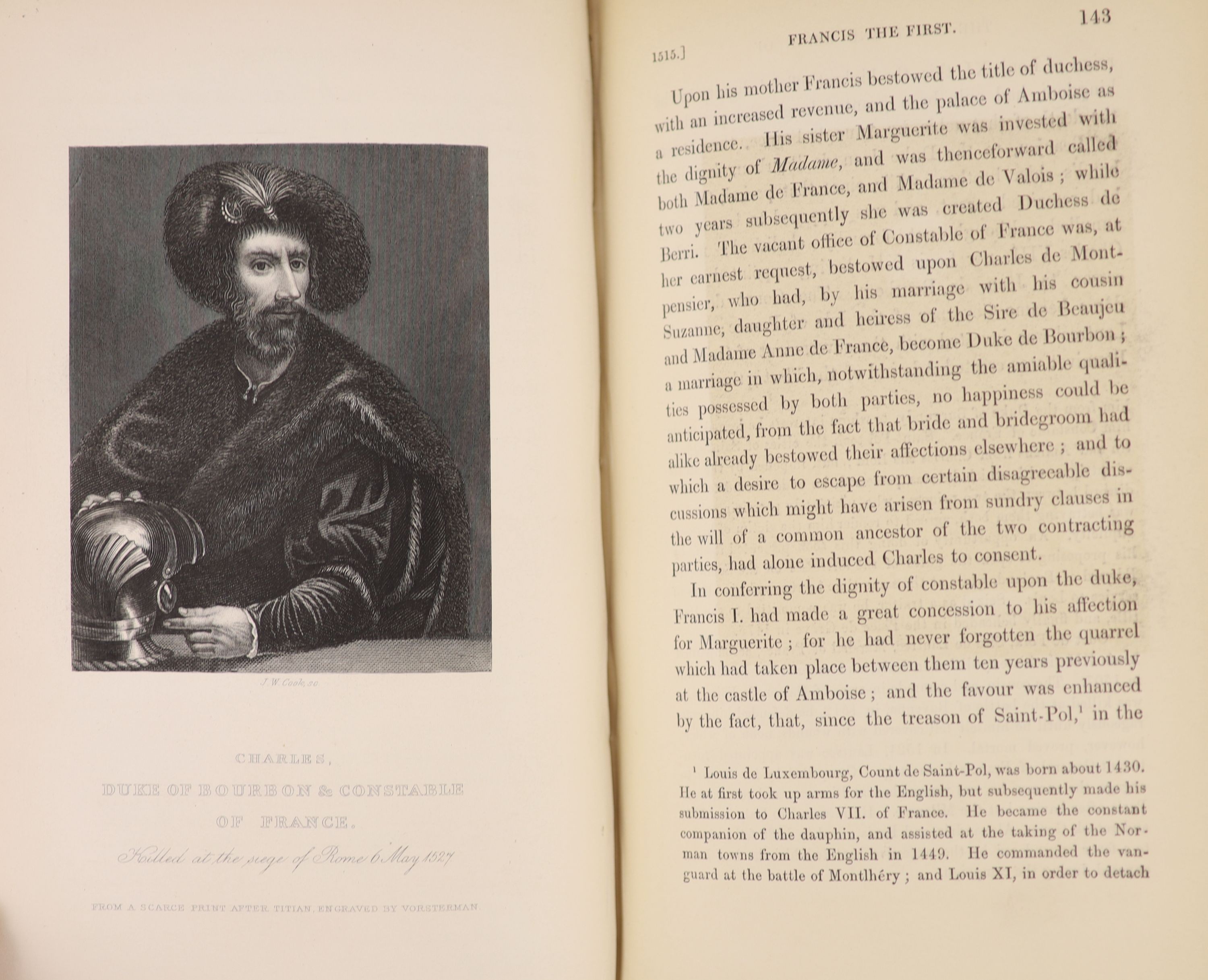 Pardoe, Miss [Julia] - The Court and Reign of Francis the First. King of France. 2 Vols, complete with frontispiece to each and 9 illustrated plates. Embossed half morocco and marbled paper, gilt panelled spine with 2 mo